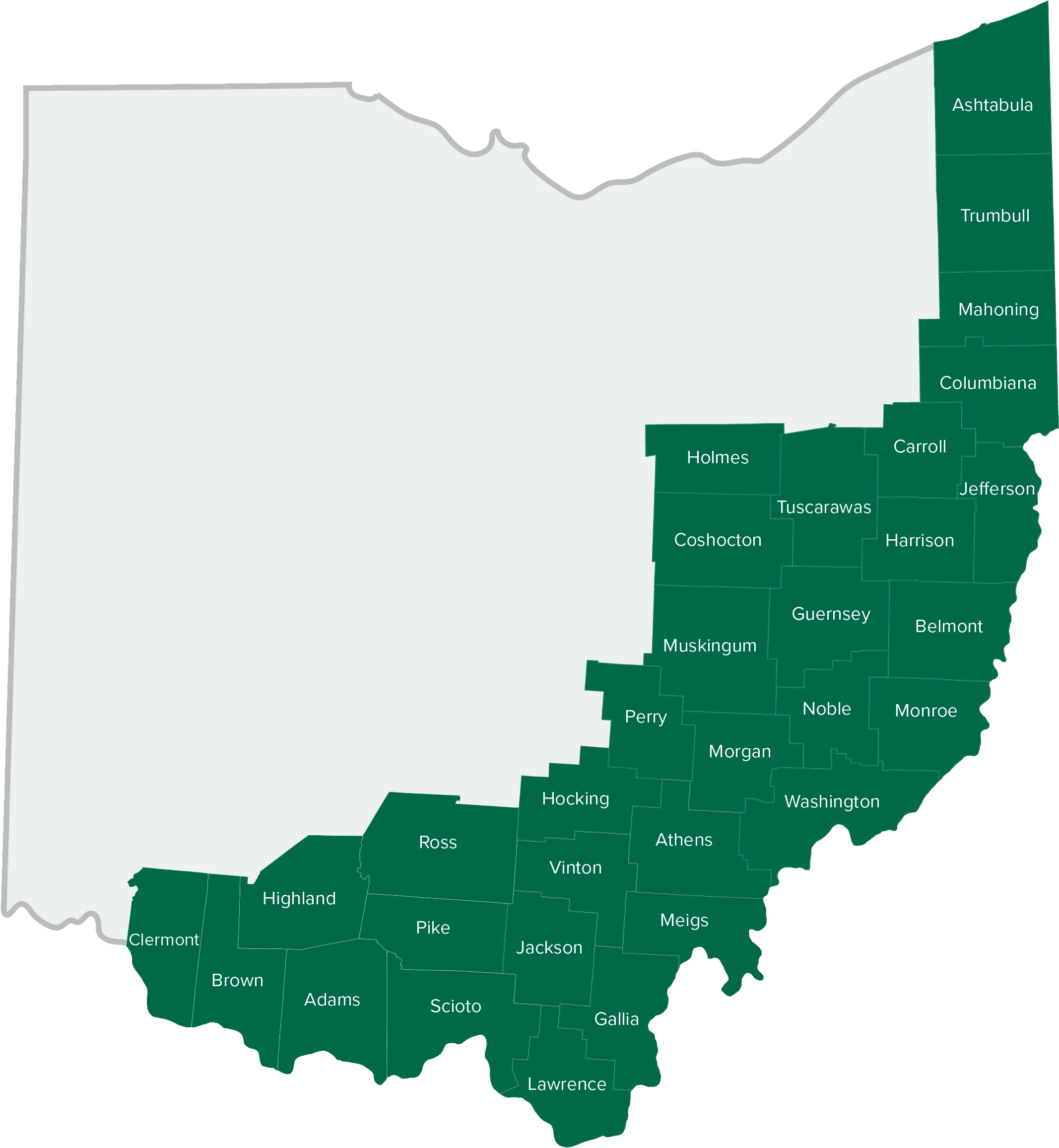 A map of Ohio highlighting the 32 Appalachian counties in dark green, covering the eastern and southern portions of the state. Each county name, such as Athens, Ross, and Ashtabula, is labeled.