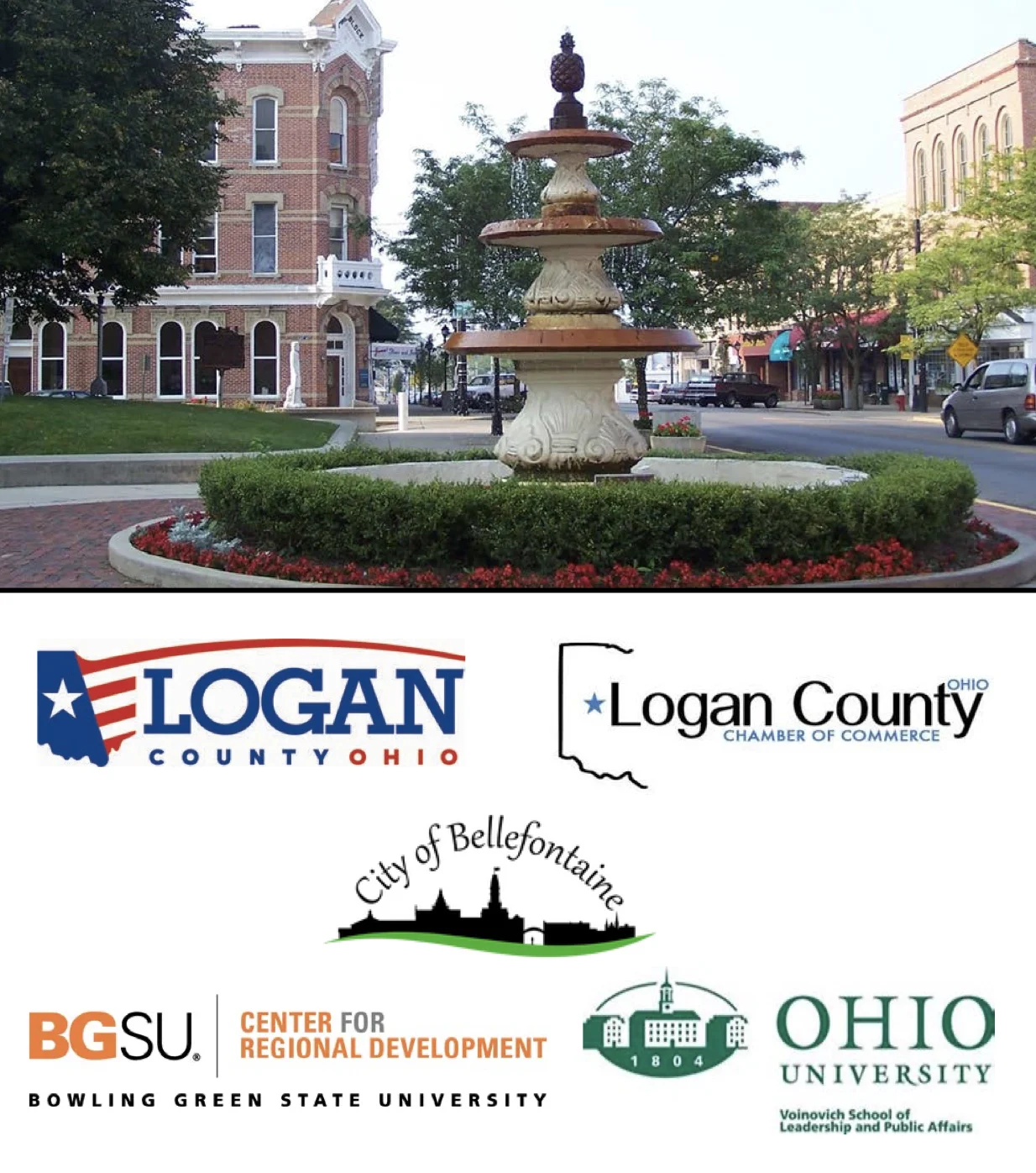 Screen Shot 2021-09-29 at 2.48.12 PM Downtown Bellefontaine, Ohio, with the ornate courthouse fountain and historic brick buildings.