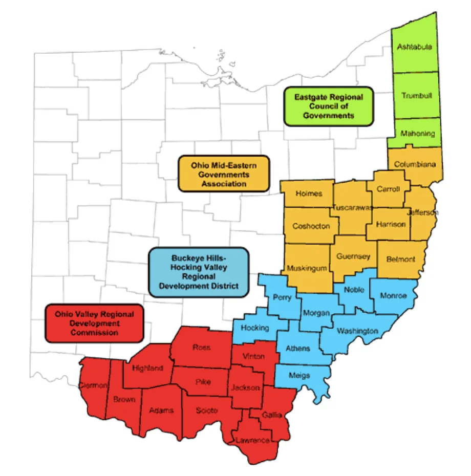 Screen Shot 2021-09-29 at 2.50.40 PM Map of Eastern and Southern Ohio divided into four regional councils: Eastgate Regional Council of Governments (light green), Ohio Mid-Eastern Governments Association (yellow), Buckeye Hills-Hocking Valley Regional Development District (blue), and Ohio Valley Regional Development Commission (red). Each area highlights the specific counties served by these organizations.