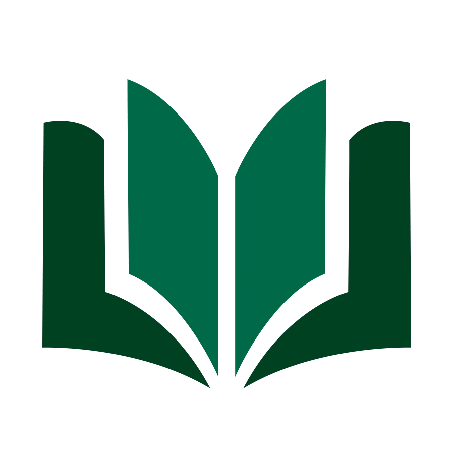 A stylized green icon representing an open book with multiple pages, symbolizing knowledge, education, or a library.