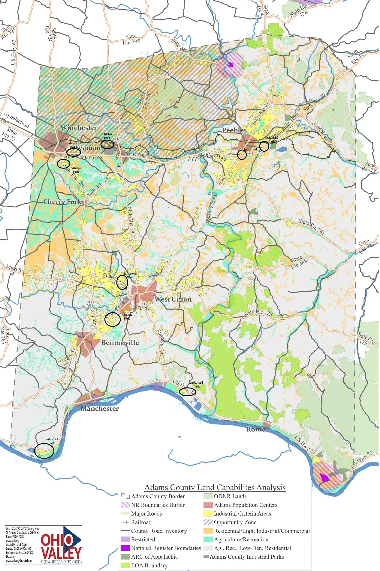 A detailed land capabilities analysis map of Adams County, Ohio, showing various zones including industrial parks, residential areas, agriculture/recreation lands, and opportunity zones. The map also highlights major roads, railroads, and the Ohio River border.